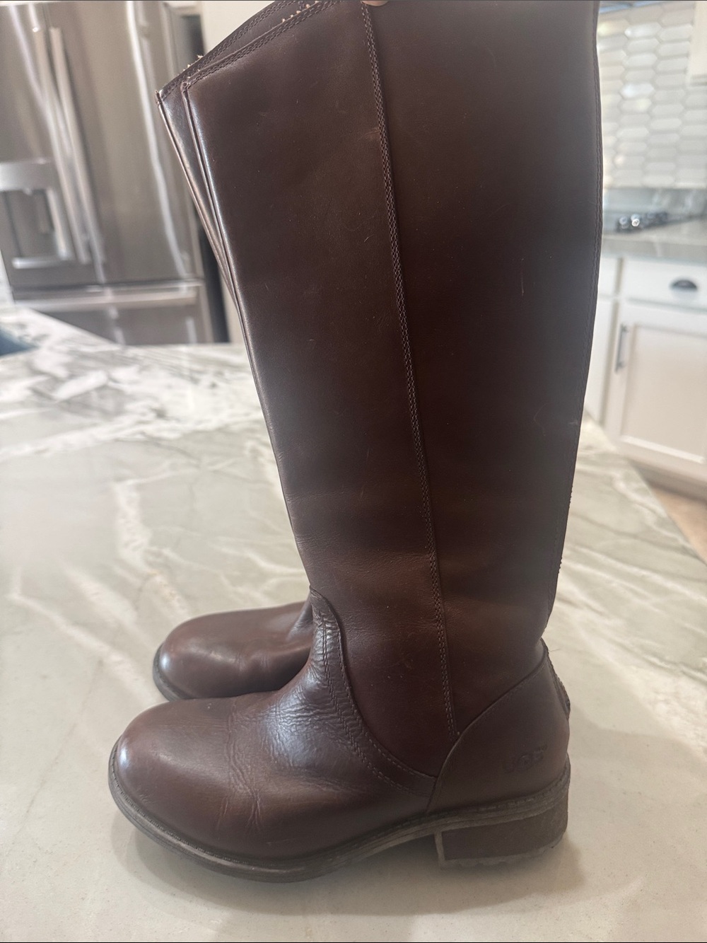 UGG Brown Leather Ankle Boot with Low Block Heel
